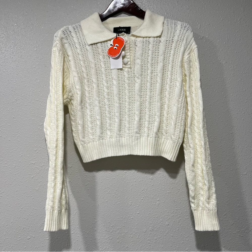 NWT Cider Cropped Cable Knit Sweater Women’s Size Small Collar White NEW!
